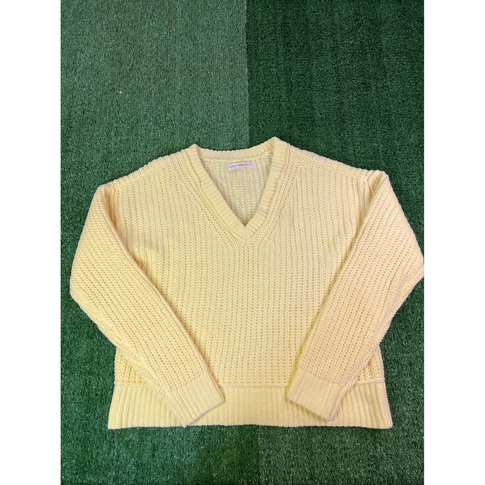 Aeropostale Womens V-Neck Shaker Stitch Knit Sweater Pale Yellow Long Sleeve